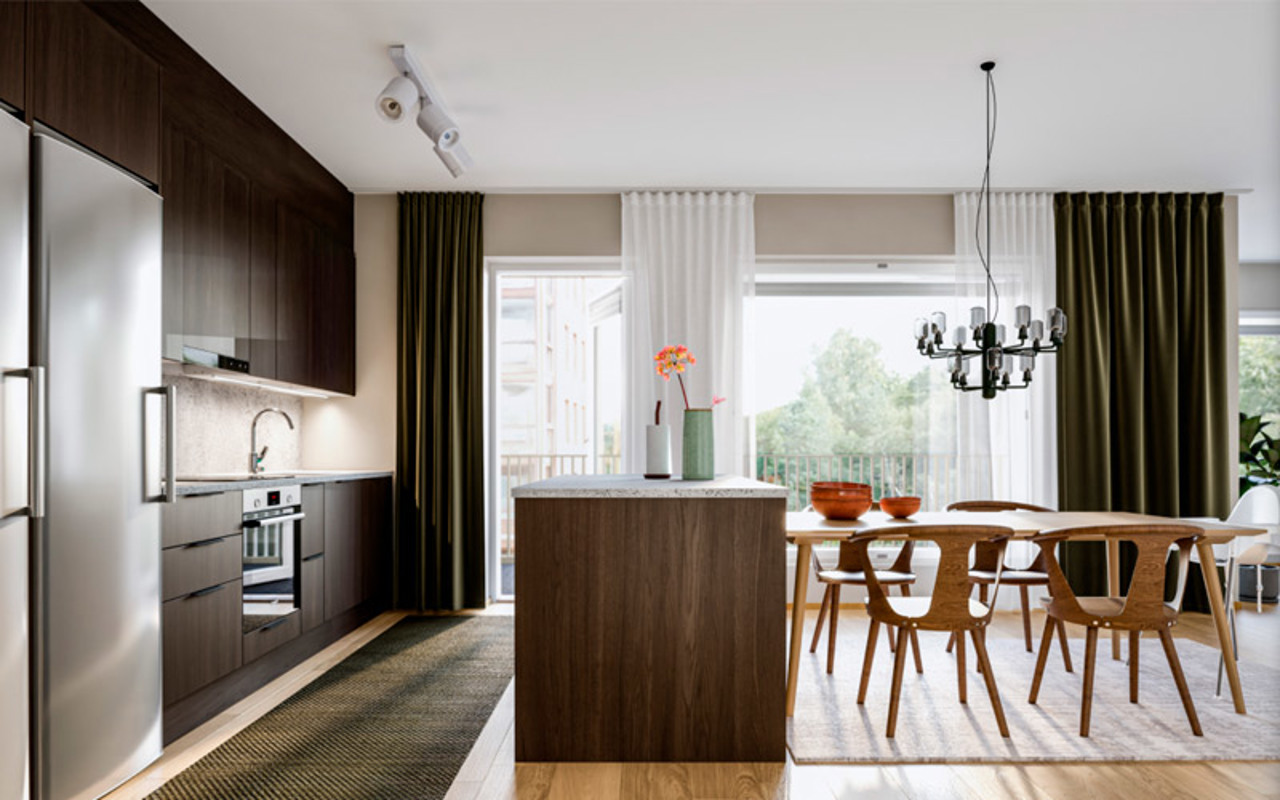 Luonnoskuva 102,5 m2 asuntokoon keittiöstä vaihtoehto A:ssa