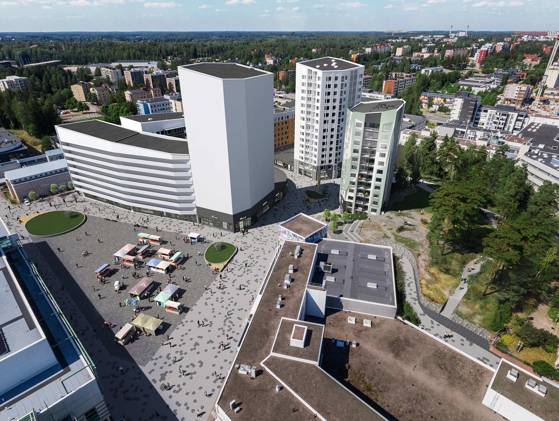 Luonnoskuva Hartelan suunnittelemasta Vantaa Myyrmaen keskustan uusista kerrostaloista.