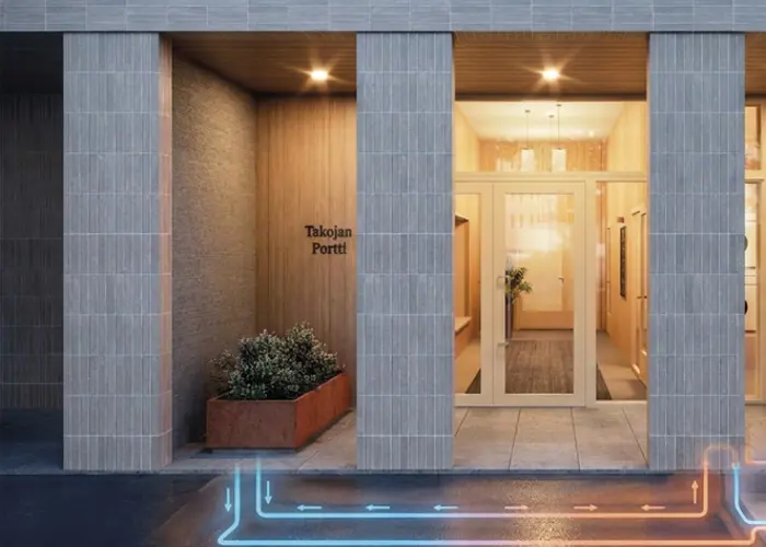 Luonnoskuvanäkymä Tampereen Takojan Portin sisäänkäynnistä ja kuvitteelisesta maalämpöjärjestelmästä