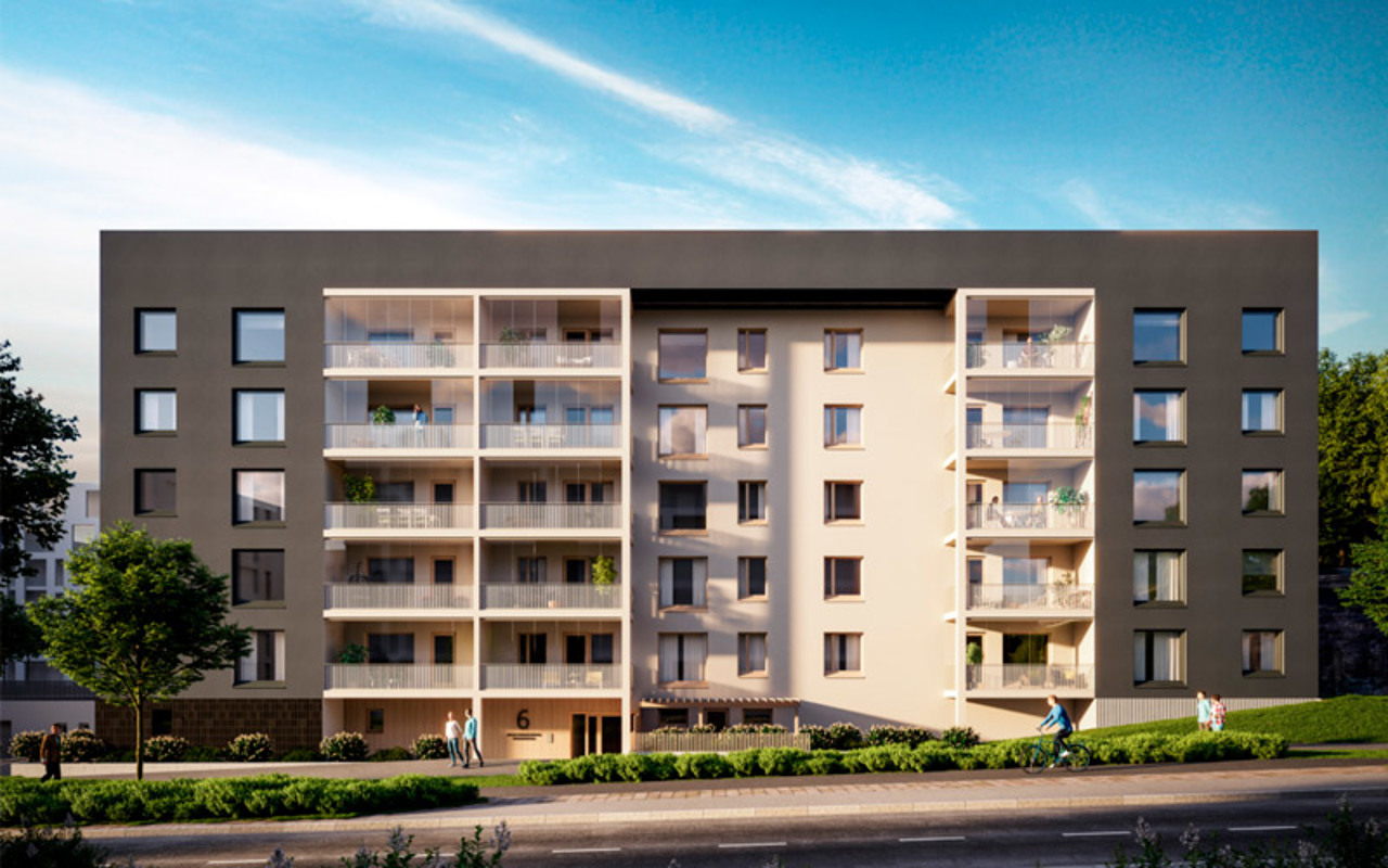 Luonnoskuva Turun Skalan julkisivusta kadulta päin katsottuna