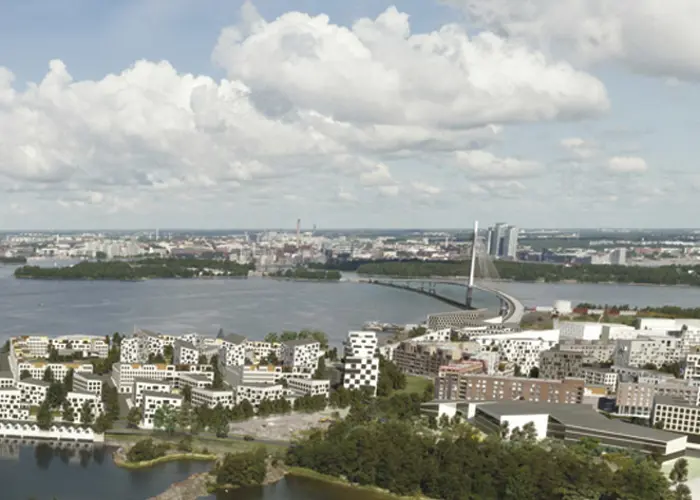 Ilmakuvaluonnonäkymä tulevaisuuden Helsingin Lauttasaaresta