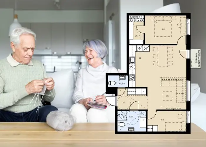 Kuva Turun Skalan asuntopohjasta sekä iäkkäämmästä paruskunnasta istumassa sohvalla