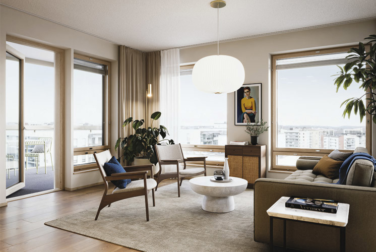 Luonnoskuva Tampereen Takojan Portin ylimmänkerroksen olohuoneesta