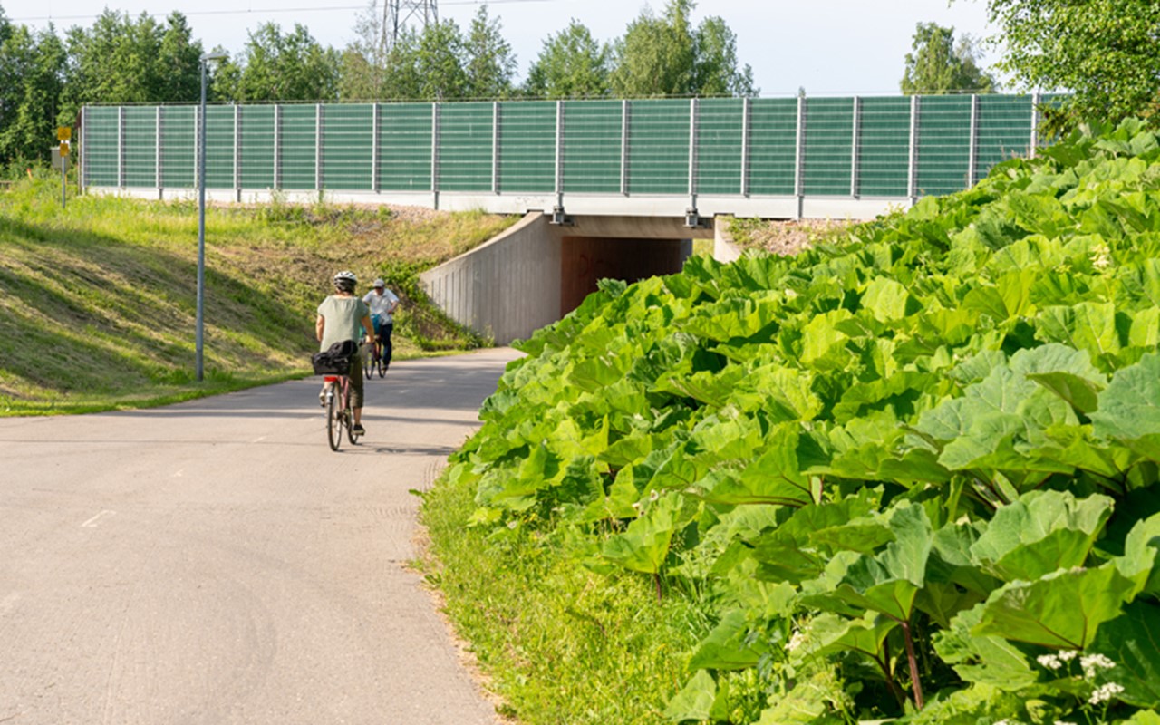 Alikulkutunneli ja pyöräilijöitä Oulun Mäntylässä.