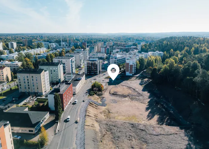 Ilmakuvanäkymä Tampereen Kalevan Takojankatu 2 tulevasta asuntokohteen sijainnista