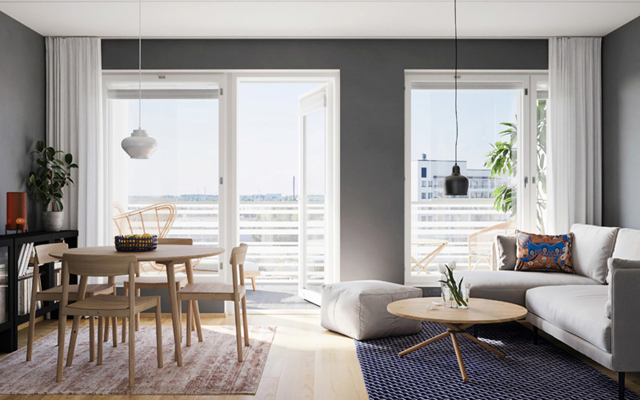 Luonnoskuva Oulun Mustarastaan olohuoneesta