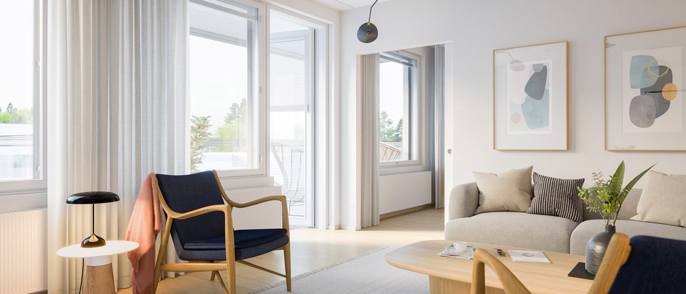 Luonnoskuva skandinaavisesta vaaleasta olohuoneesta, josta on kulku parvekkeelle ja makuuhuoneeseen.