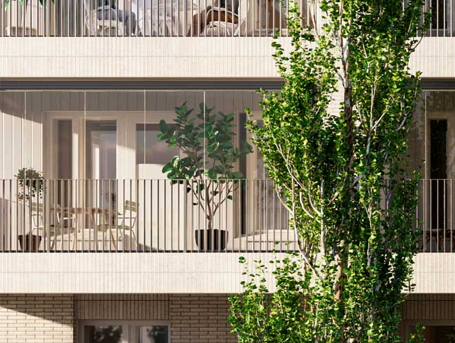 Luonnoskuva Helsingin Lauttasaaren Helgan julkisivun parvekeosuudesta