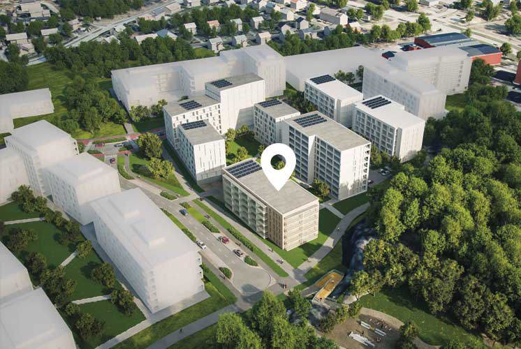 Luonnoskuva Turun Pukkilan alueen tulevista asuinkerrostalosta ilmasta katsottuna