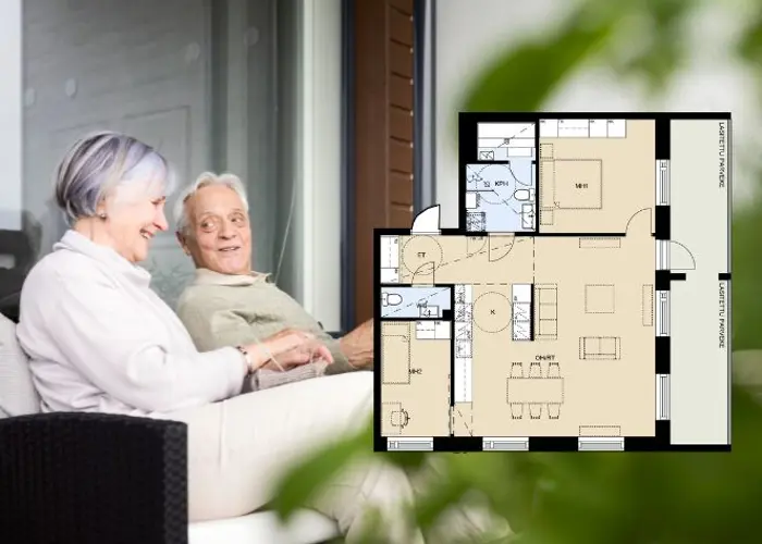 Kuva vanhenmasta pariskunnasta istumassa parvekkeen sohvalla ja kutomassa sekä asuntopohjan kuva