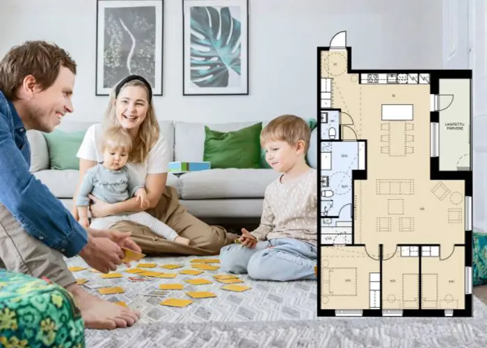 Valokuvanäkymä Skalan asuntopohjasta sekä perheestä pelaamassa pelejä olohuoneen matolla
