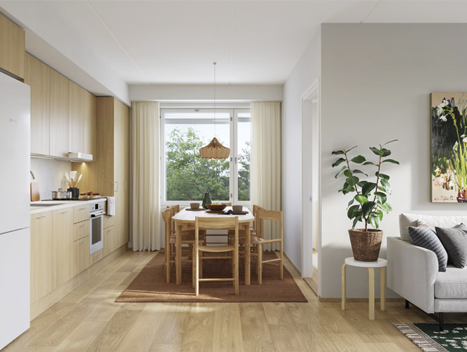 Luonnoskuva Hartelan Vahva-Jussi Taimen asunnon A36 keittiöstä