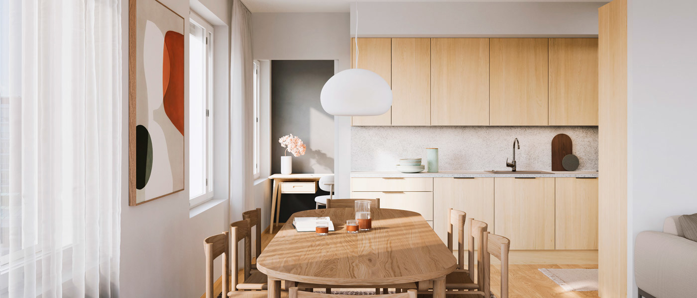 Luonnoskuvanäkymä Oulun Mustarastaan asunnon keittiö ja olohuonetilasta