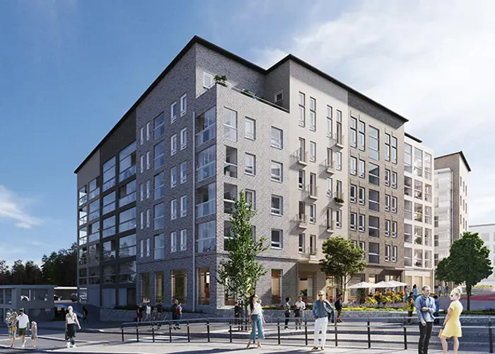 Luonnoskuva Hartelan Tampereen Hervantaan suunnitteilla olevasta kerrostalosta. 