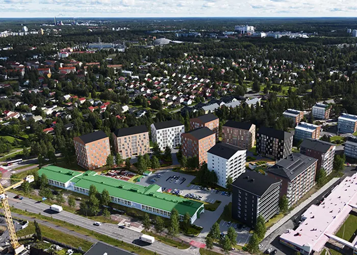 Luonnoskuva Hartelan suunnittelemasta Oulun Karjasillan Kulman uudesta asuinkorttelista. 