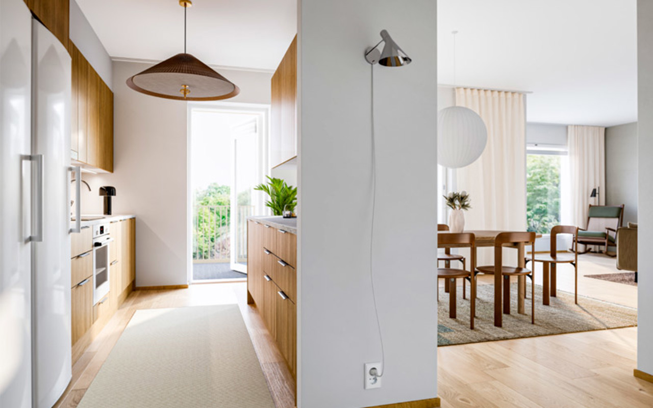 Luonnoskuva 102,5 m2 asuntokoon keittiöstä vaihtoehto B:ssa