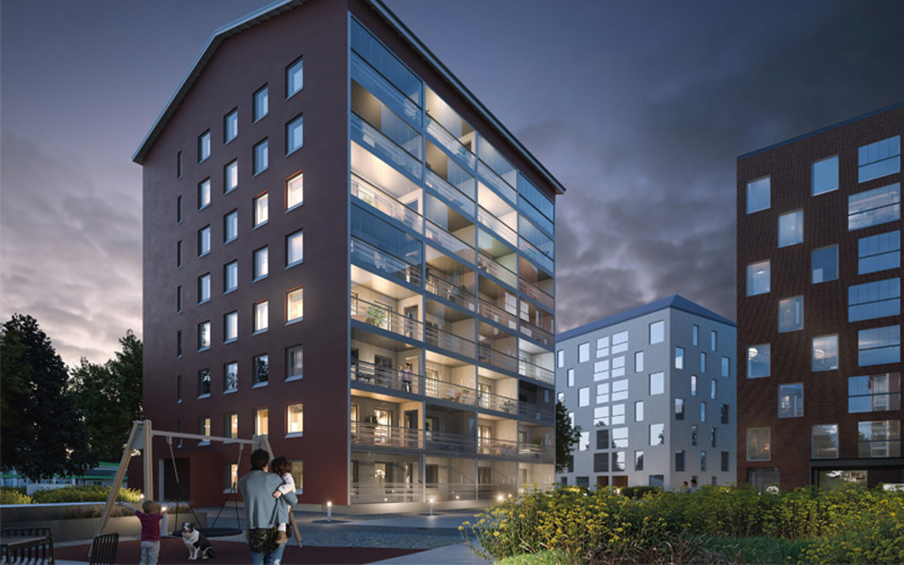 Luonnoskuva Oulun Mustarastaan julkisvusta iltahämärissä