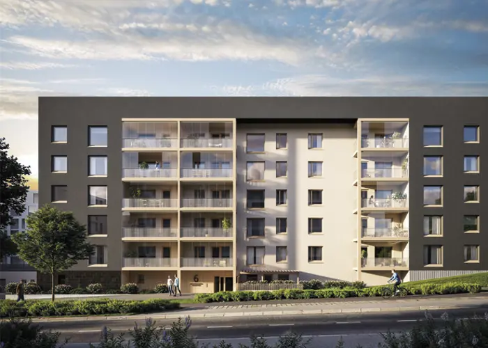 Luonnoskuva Turun Skalan julkisivusta kadulta päin katsottuna