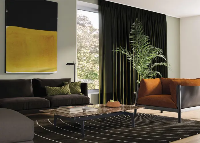 Luonnoskuva Hartelan rouhean tyylin olohuoneesta