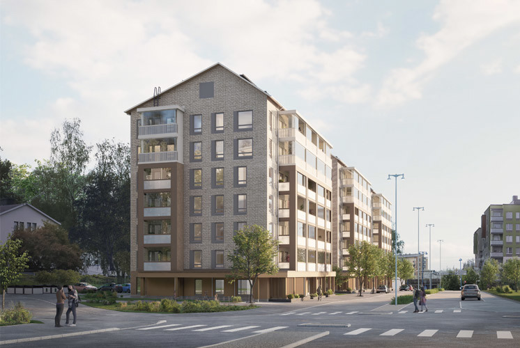 Luonnoskuva näkymä Järvenpään Pormestarinkulman kohteen julkisivusta