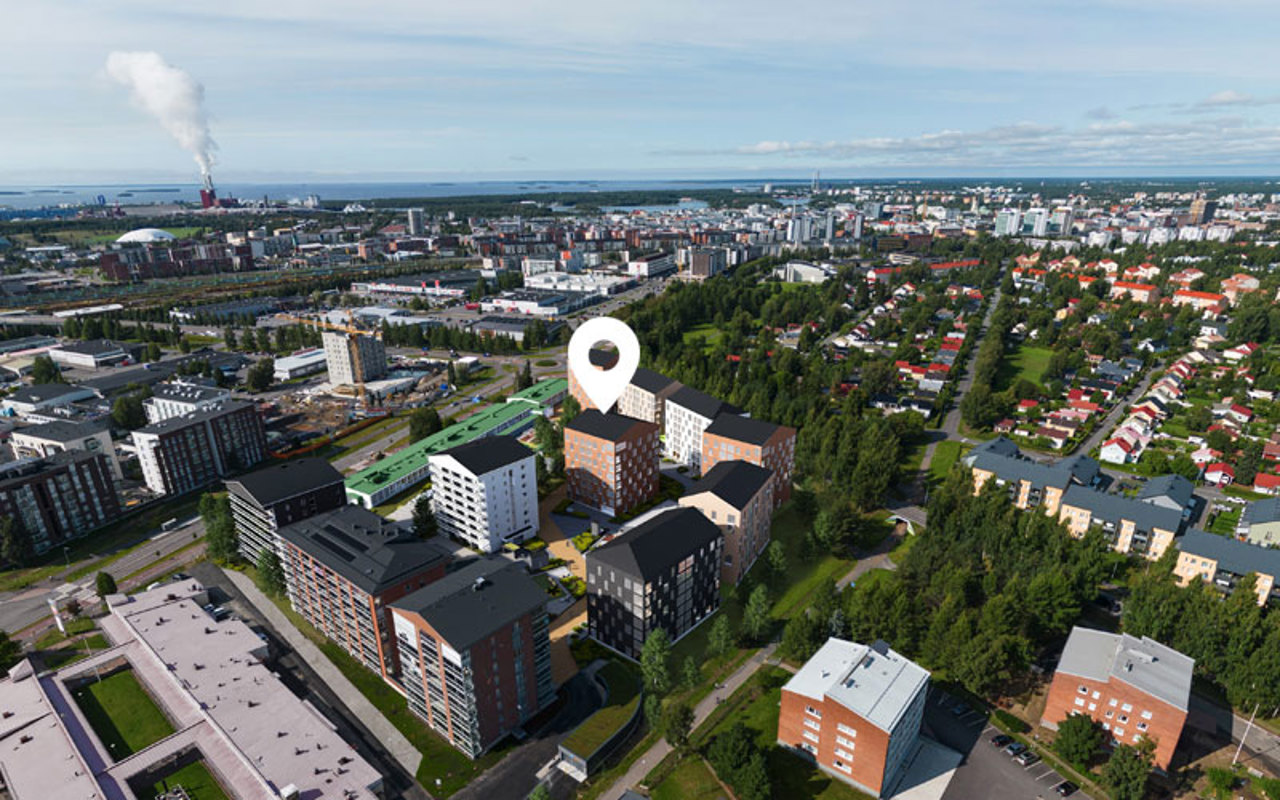 Luonnnoskuva näkymä Oulun Karjasillan Kulmaan rakentuvasta uudesta asuinkorttelista