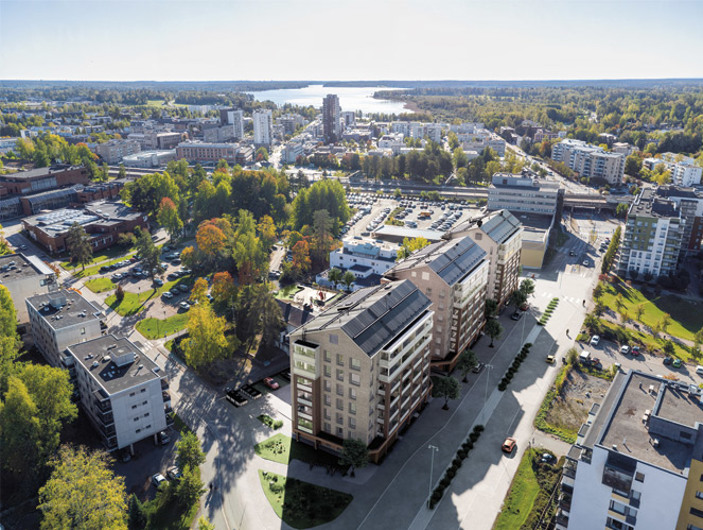 Ilmakuvanäkymä Myllytien varteen rakentuvista asuinkerrostalojen luonnoksista
