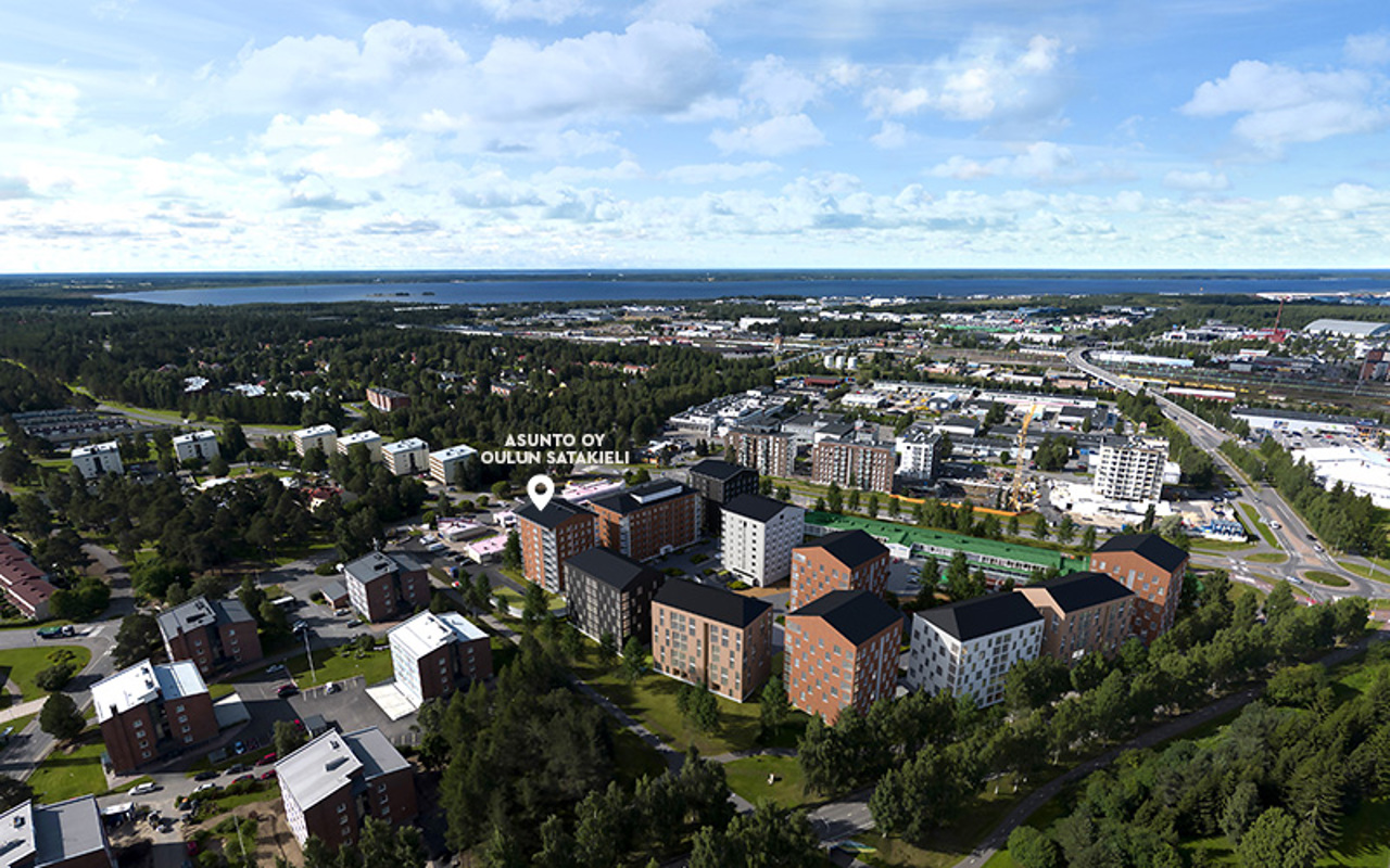 Luonnoskuva Hartelan suunnittelemasta Oulun Karjasillan Kulman uudesta asuinkorttelista. 