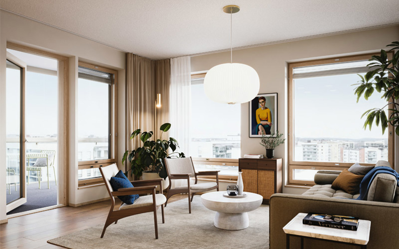 Luonnoskuva Tampereen Takojan Portin asunnon olohuoneesta