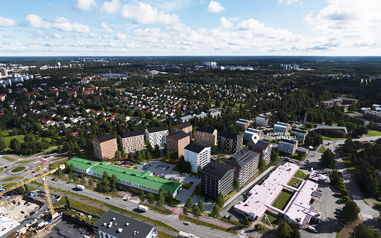 Luonnoskuva Hartelan suunnittelemasta Oulun Karjasillan Kulman uudesta asuinkorttelista. 
