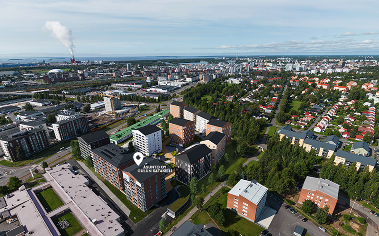 Luonnoskuva Hartelan suunnittelemasta Oulun Karjasillan Kulman uudesta asuinkorttelista. 