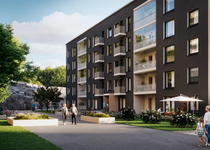 Luonnoskuva Turun Skalan julkisivusta sisäpihalta päin