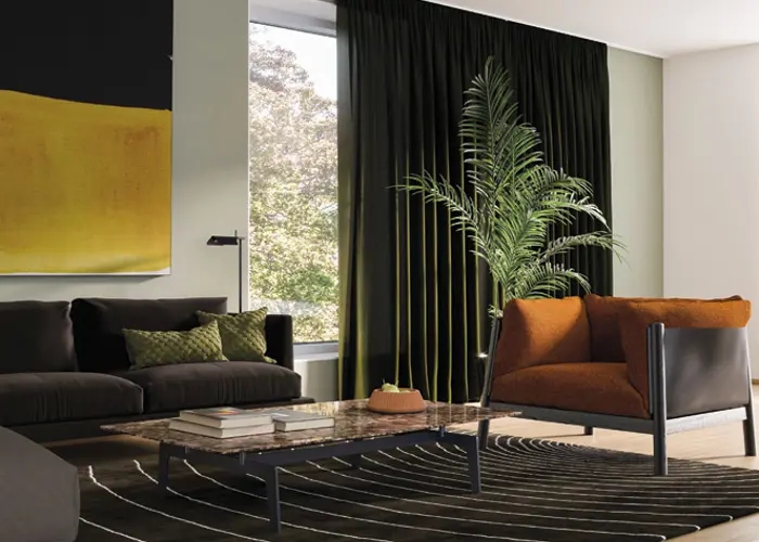 Luonnoskuva Hartelan rouhean tyylin olohuoneesta